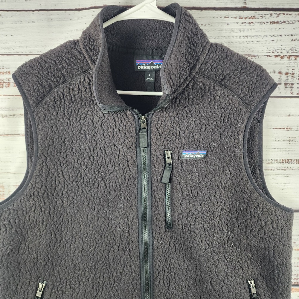Patagonia Retro Pile Fleece Vest‎ Mens L Regular Black Sherpa Full Zip 22821